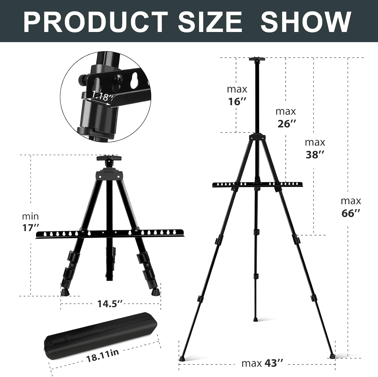 AROIC 4 Pack Art Painting Display Easel Stands,Portable Adjustable Aluminum Metal Tripod Artist Canvases Height from17 to 66 Inch Extra Sturdy forTable-Top/Floor Painting. Black with 4 Storage Bag