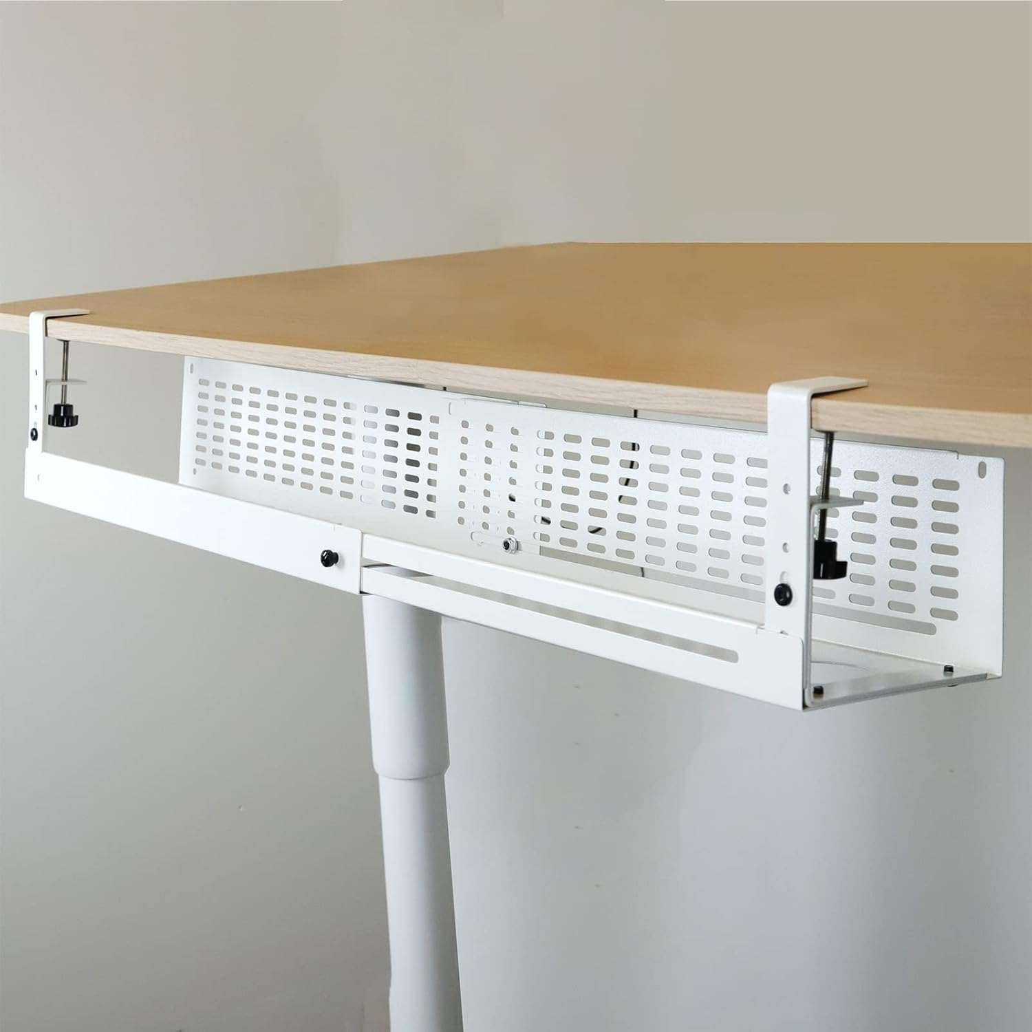 AEONS Under Desk Cable Management Tray Kit - Horizontal Adjustable up tp 41” Desk Organizer Removable C Clamp Mount Reversiable Computer Cord Raceway and Modesty Panel for Large Desk, White/Beige