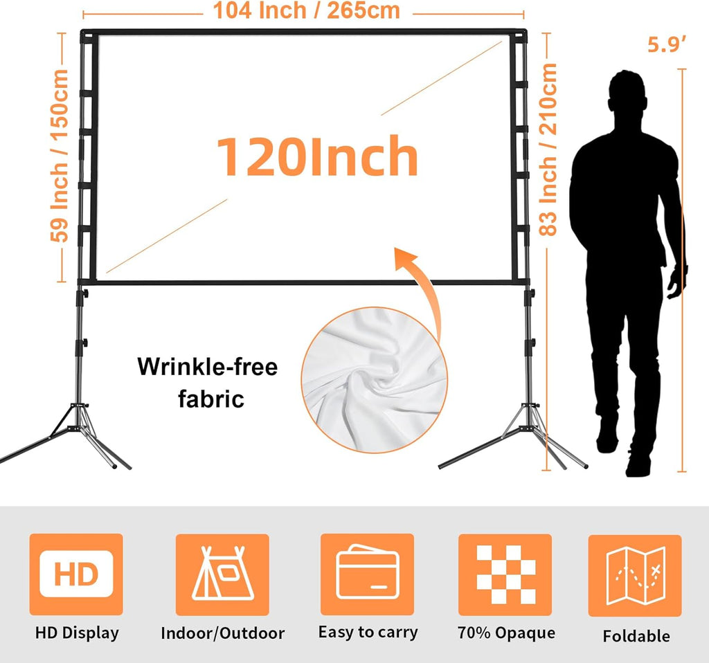 Projector Screen and Stand,GAINVANE 120 inch Portable Projector Screen Indoor Outdoor Projection Screen 16:9 4K HD Wrinkle-Free Light-Weight Movie Screen with Carry Bag for Backyard Movie Night