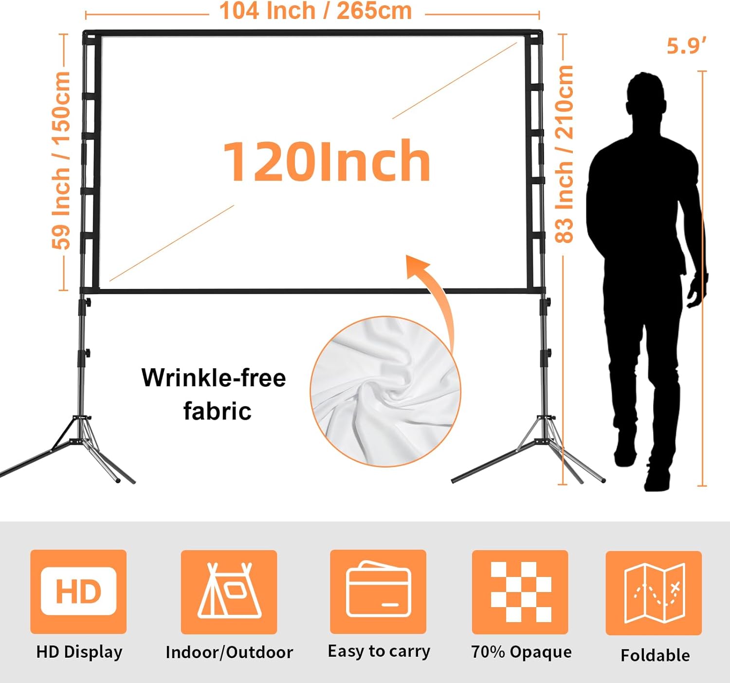 Projector Screen and Stand,GAINVANE 120 inch Portable Projector Screen Indoor Outdoor Projection Screen 16:9 4K HD Wrinkle-Free Light-Weight Movie Screen with Carry Bag for Backyard Movie Night