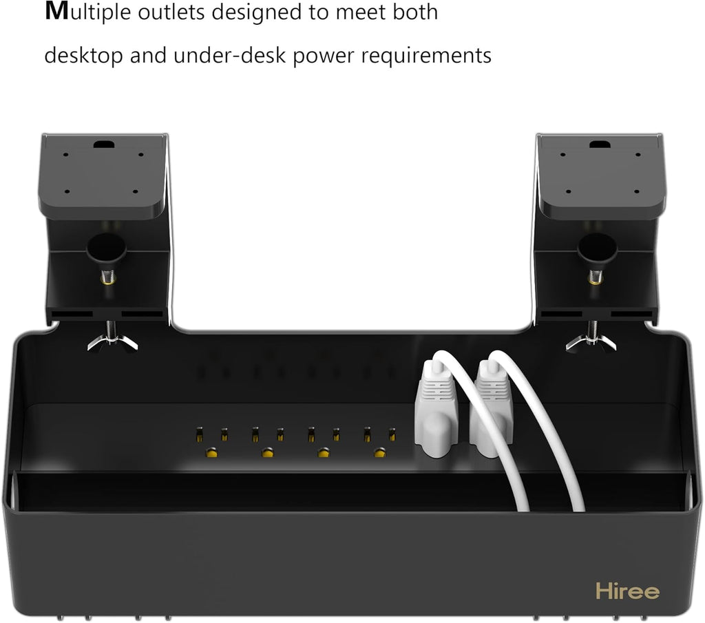 Under Desk Cable Management Tray with 6 AC Power Outlet and Clamp Mount, No Drill Cord Storage Organizers for Wire Management, Standing Desk , Computer Desk Accessories for Office & Home（Black）