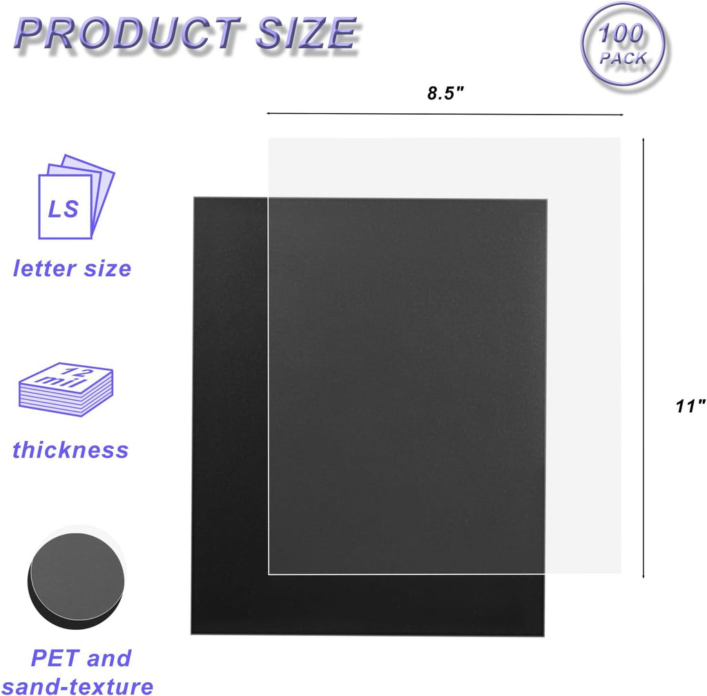 100 Pack Binding Covers Set, 8.5x11 Inches, Including 50 Pcs 12 Mil Ultra Clear PET Binding Covers, 50 Pcs 12 Mil Black Sand Textured