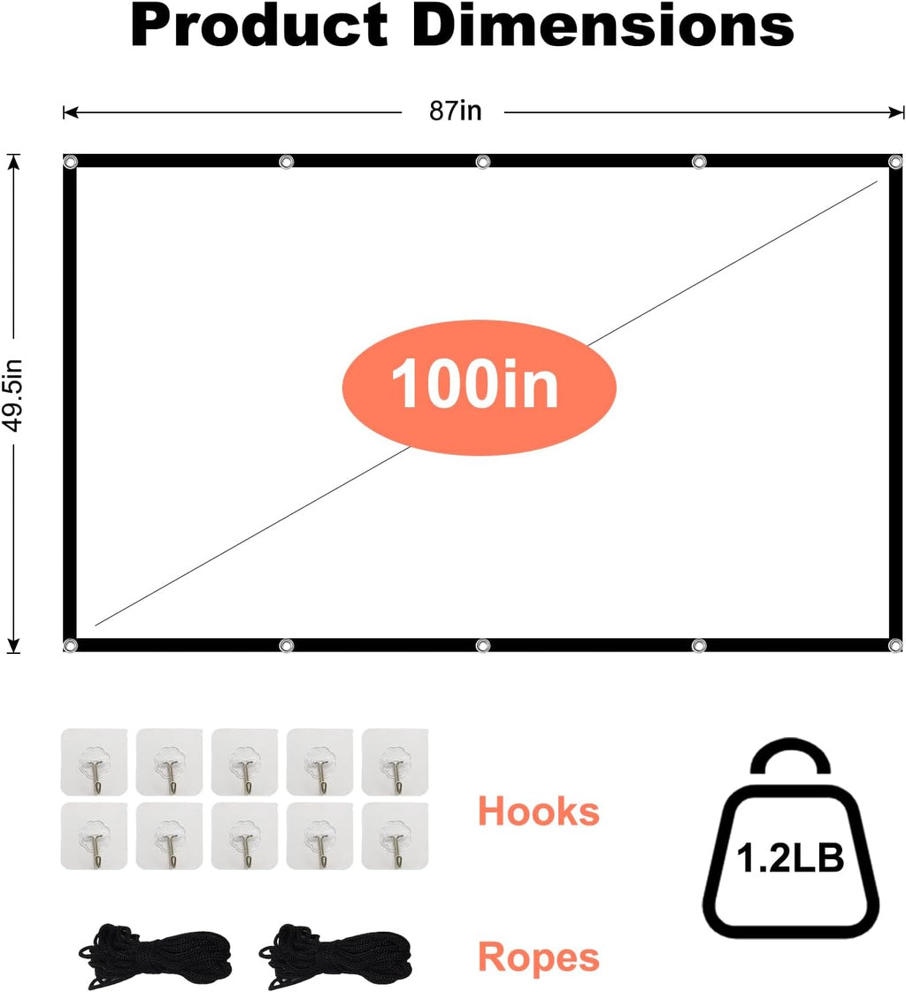 TOWOND Projector Screen 100 inch Projection Screen Indoor Outdoor Washable Anti-Crease 16:9 HD Rear Front Movies Screen for Home Theater Office