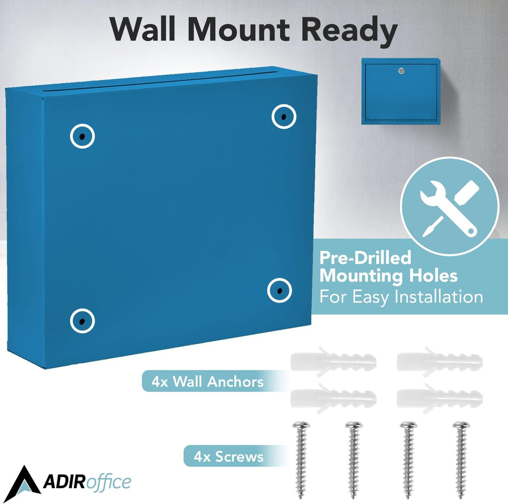 Adir Metal Suggestion Box with Lock and Slot, Wall Mount Deposit Box for Payments and Checks, Office Mail Box for Employees, Mailbox for House, Safe Drop Box with Keys - 3x10x12 Inch Blue