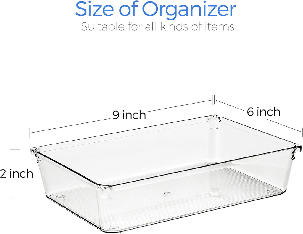 Ravinte 6 Pack Drawer Organizer - 6" X 9" Plastic Storage Bins, Acrylic Organizers with Non-Slip Pads Clear Desk Storage Tray for Makeup, Jewelries, Kitchen Utensils, Bathroom and Office