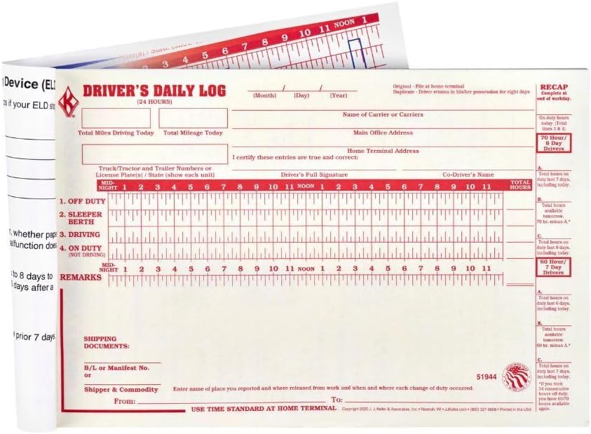 ELD Backup Driver Log Book 10-pk. with Detailed Driver Vehicle Inspection Report & Daily Recap - Book Format with 10 Sets, 2-Ply Carbonless, 8.5" x 5.5", J. J. Keller & Associates, Inc.