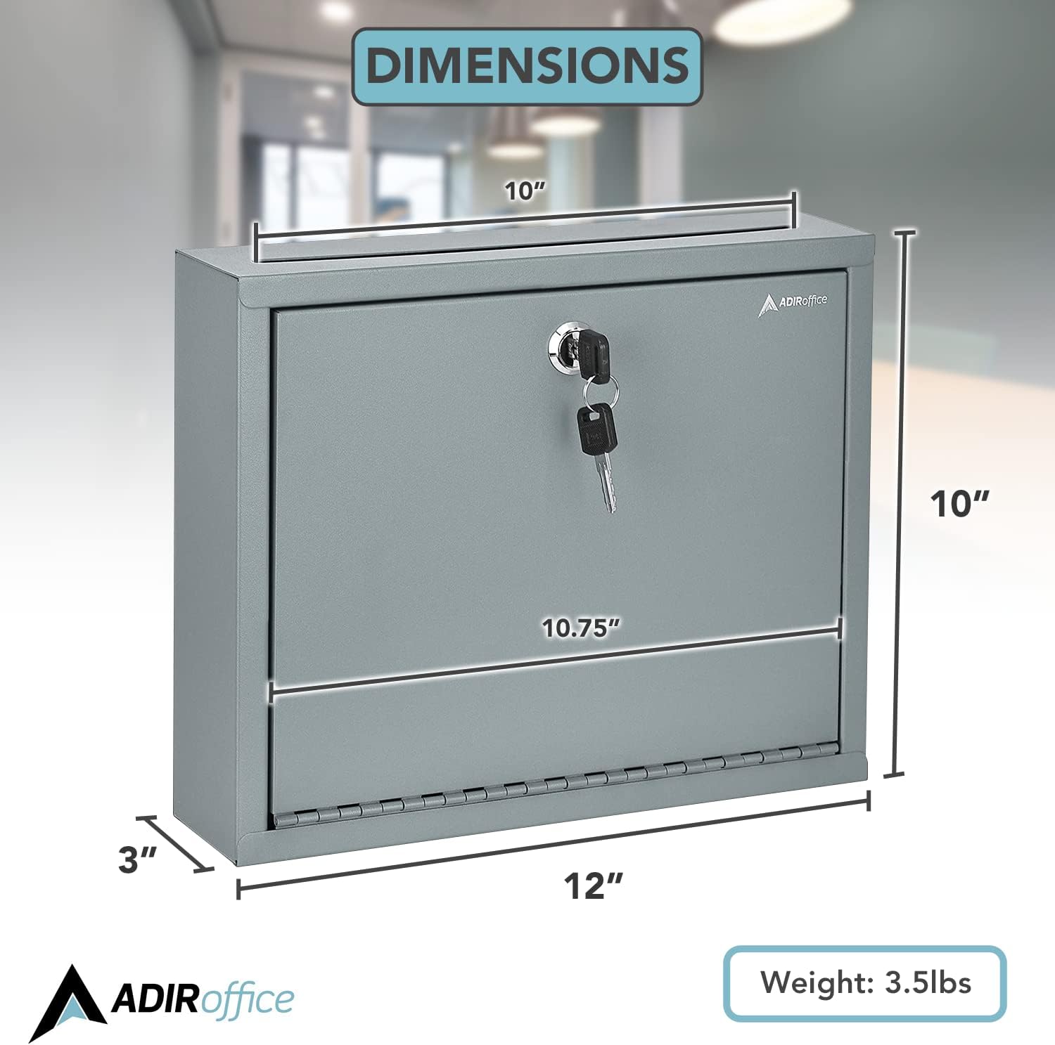 Adir Metal Suggestion Box with Lock and Slot, Wall Mount Deposit Box for Payments and Checks, Office Mail Box for Employees, Mailbox for House, Safe Drop Box with Keys - 3x10x12 Inch Gray