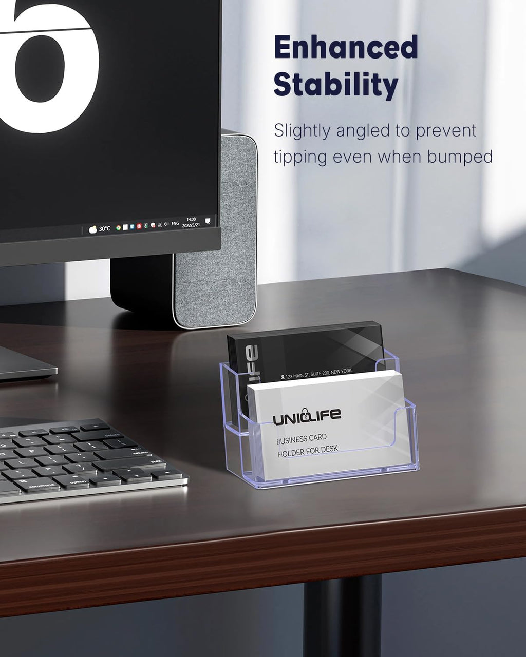 Uniclife 4 Pack Acrylic Business Card Holder for Desk 2 Slots Clear Business Card Display Stand for Men & Women Desktop Business Card Organizer Card Stand for Office Home Exhibition, 120 Card Capacity