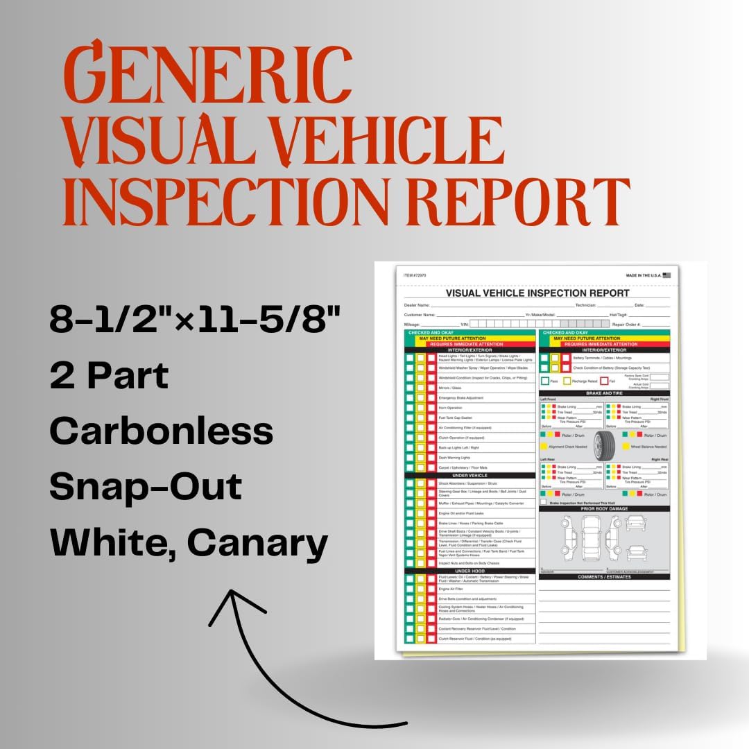 Visual Vehicle Inspection Report – 2-Part Carbonless Vehicle Checklist, Snap-Out Auto Service Forms, Fleet Maintenance Logs, Car Checkup Sheets - White & Canary 8.5"×11" - Pack of 1000