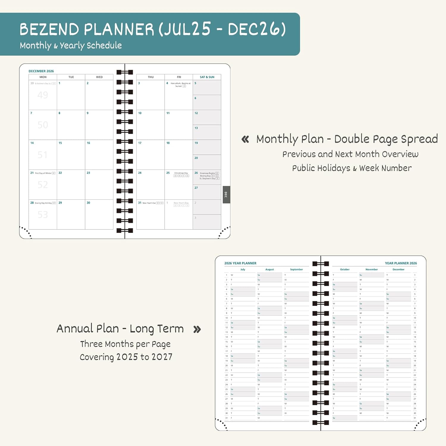 BEZEND Pocket Planner 2025-2026 Weekly and Monthly, 3.5" x 6" Academic Planner (Jul 25-Dec 26) 18-Month Mid-Year Calendar Book, Storage Pocket, Pen Holder, PU Leather Softcover, Spiral - Lavender