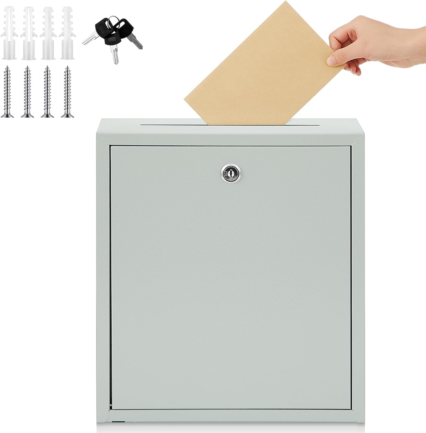 Metal Donation Box Suggestion Box with Slot and Lock-Cash for Money-Waterproof Drop Comment and Ballot Voting for Easy Wall mounting(Light Gray,13 x 11.4 x 3.5 Inches)