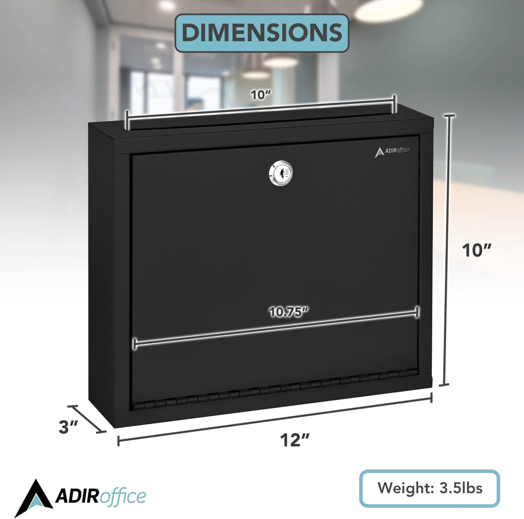 Adir Metal Suggestion Box with Lock and Slot, Wall Mount Deposit Box for Payments and Checks, Office Mail Box for Employees, Mailbox for House, Safe Drop Box with Keys - 3x10x12 Inch Black