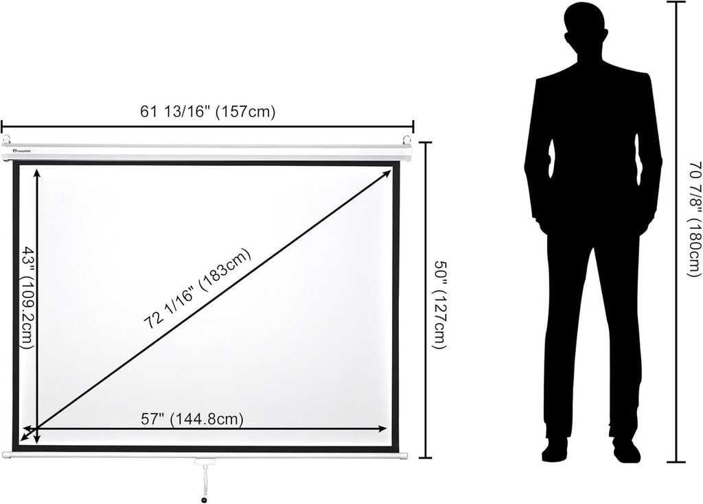 72" Projection Screen Pull Down 4:3 4K HD Manual Retractable Projector Screen with Auto-Locking Wall Mounted Home Theater Indoor Outdoor Movie Night 57" x 43" Matte White
