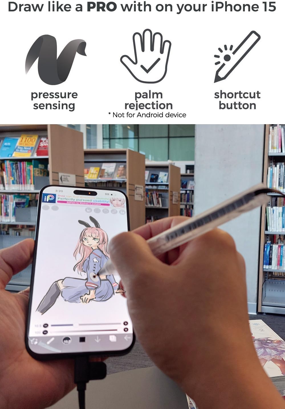 SonarPen (USB C): Pressure Sensitive Stylus Pen, with Palm Rejection and Shortcut Button. Battery-Less. Compatible with Apple iPhone/iPad/Android/Switch/Chromebook/Windows/Mac (Black)