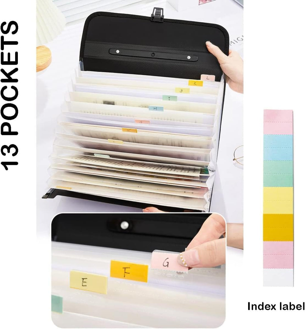 12 Pockets Letter Size/A4 Accordion File Organizer with Handle, TRANBO Expanding File Folder, Portable Paper Organizer, Expandable Plastic Document Organizer for Travel School Office - Black