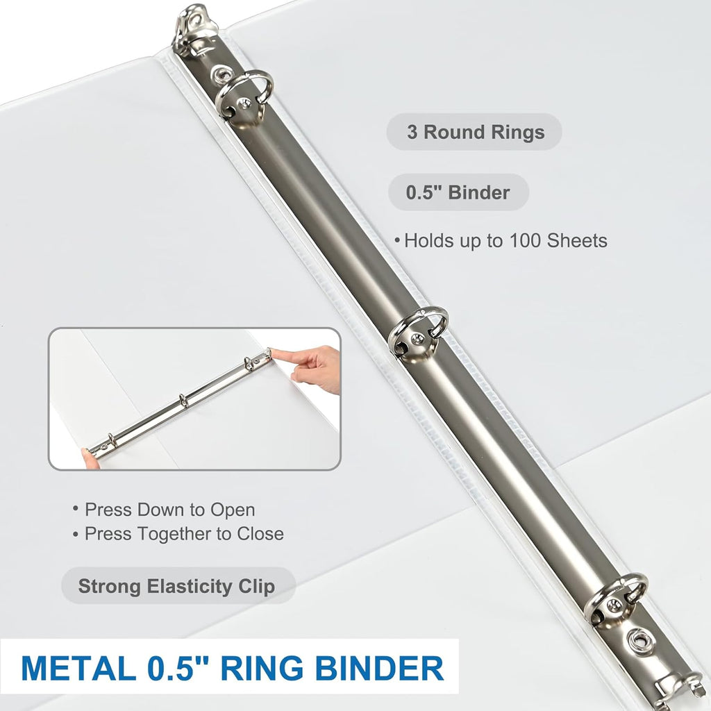 1/2 Inch 3-Ring Binder, 0.5-inch Round Ring Binder with 2 Inside Pockets, 12 Pack White Binders, Clear View CoverBinder Holds 8.5'' x 11''Paper for Office/Home/Back to School