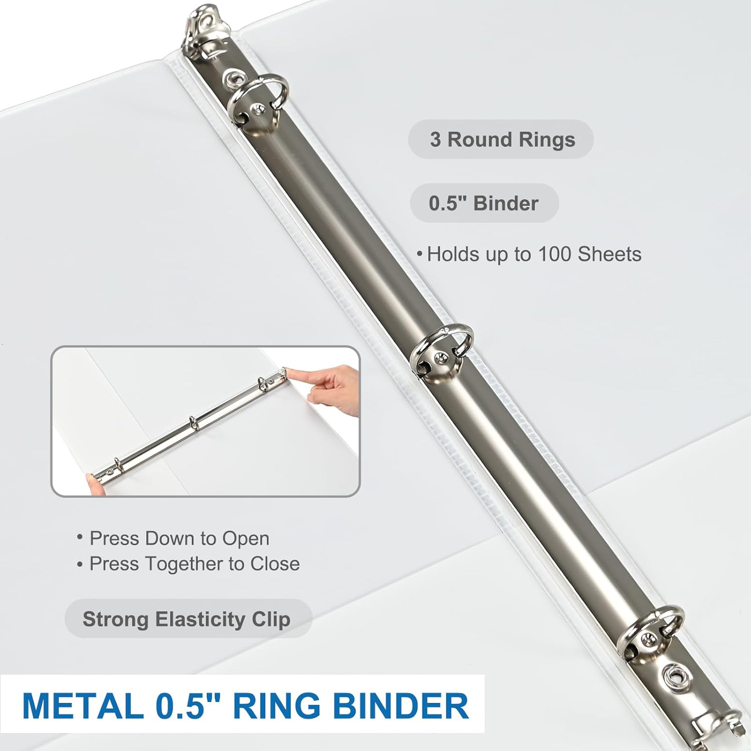1/2 Inch 3-Ring Binder, 0.5-inch Round Ring Binder with 2 Inside Pockets, 12 Pack White Binders, Clear View CoverBinder Holds 8.5'' x 11''Paper for Office/Home/Back to School