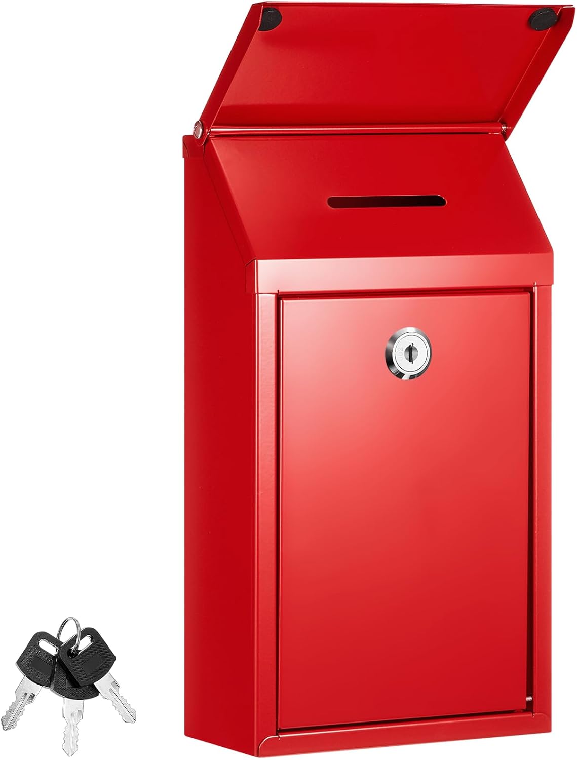 Metal Donation Box Collection Safe Suggestion Box with Slot and Lock Waterproof Wall Mounted Mailbox Money Container Lock Key for Home Outdoor Door, 10.2 x 5.7 x 3 Inch(Red)