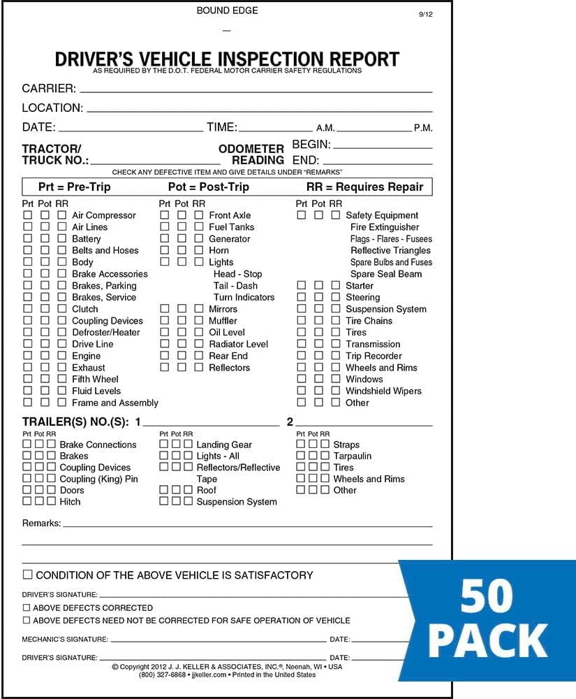 Detailed Driver's Vehicle Inspection Report for Pre- & Post-Trip, Book Format with 31 Sets, 2-Ply Carbonless, 5.5" x 8.5", Meet FMCSR Requirements, 50 Pack, J. J. Keller & Associates, Inc.