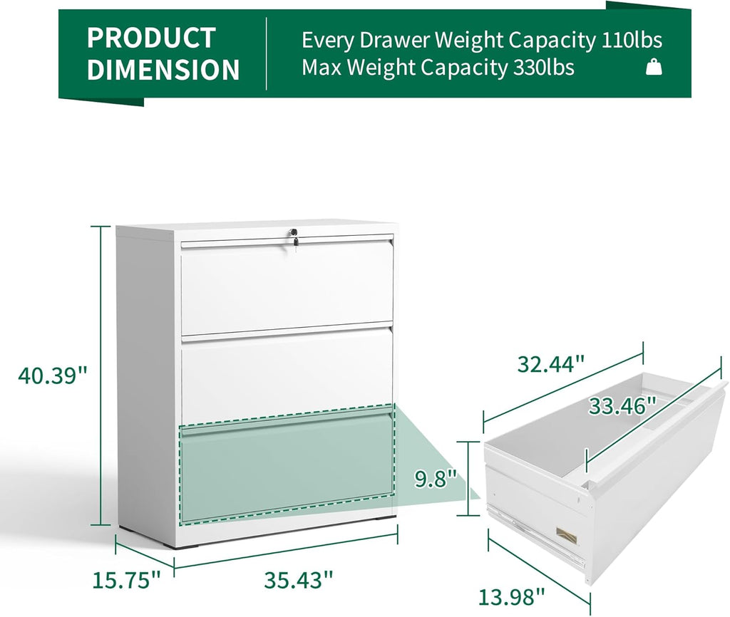 3 Drawer Lateral File Cabinet, Metal Filing Cabinets for Home Office, Steel Storage Wide File Cabinet for Letter/Legal/F4/A4 Size with Hanging Bars, Assembly Required (White)