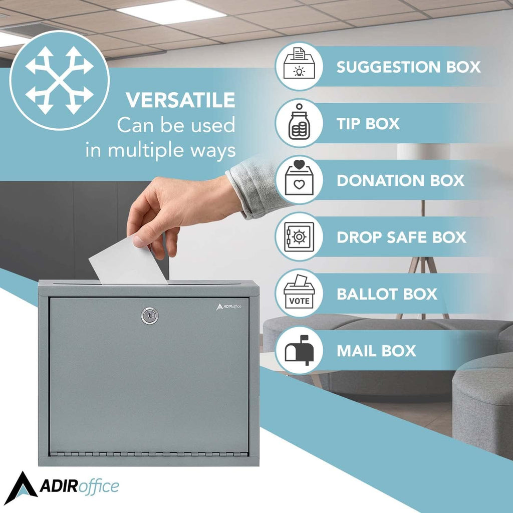 Adir Metal Suggestion Box with Lock and Slot, Wall Mount Deposit Box for Payments and Checks, Office Mail Box for Employees, Mailbox for House, Safe Drop Box with Keys - 3x10x12 Inch Gray