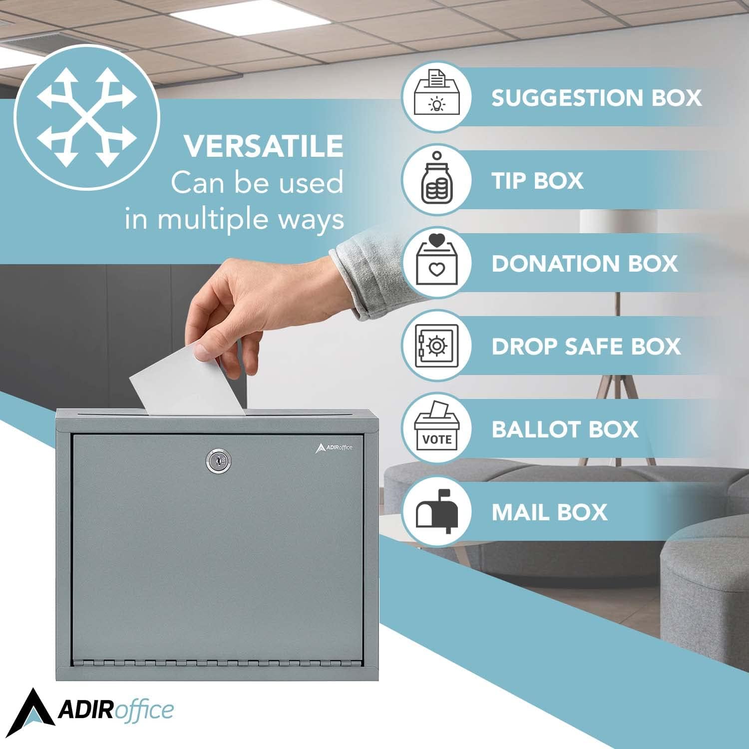 Adir Metal Suggestion Box with Lock and Slot, Wall Mount Deposit Box for Payments and Checks, Office Mail Box for Employees, Mailbox for House, Safe Drop Box with Keys - 3x10x12 Inch Gray