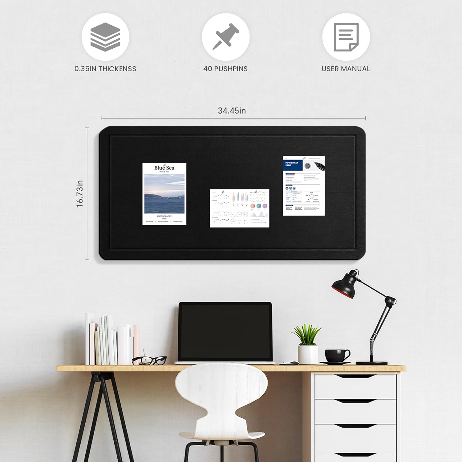 Large Bulletin Board, 35 X 17 Inches Felt Cork Board with 40 Pushpins, Foldable Felt Notice Pin Board Photo Display Board with Self-Adhesive Tape for Office Home School