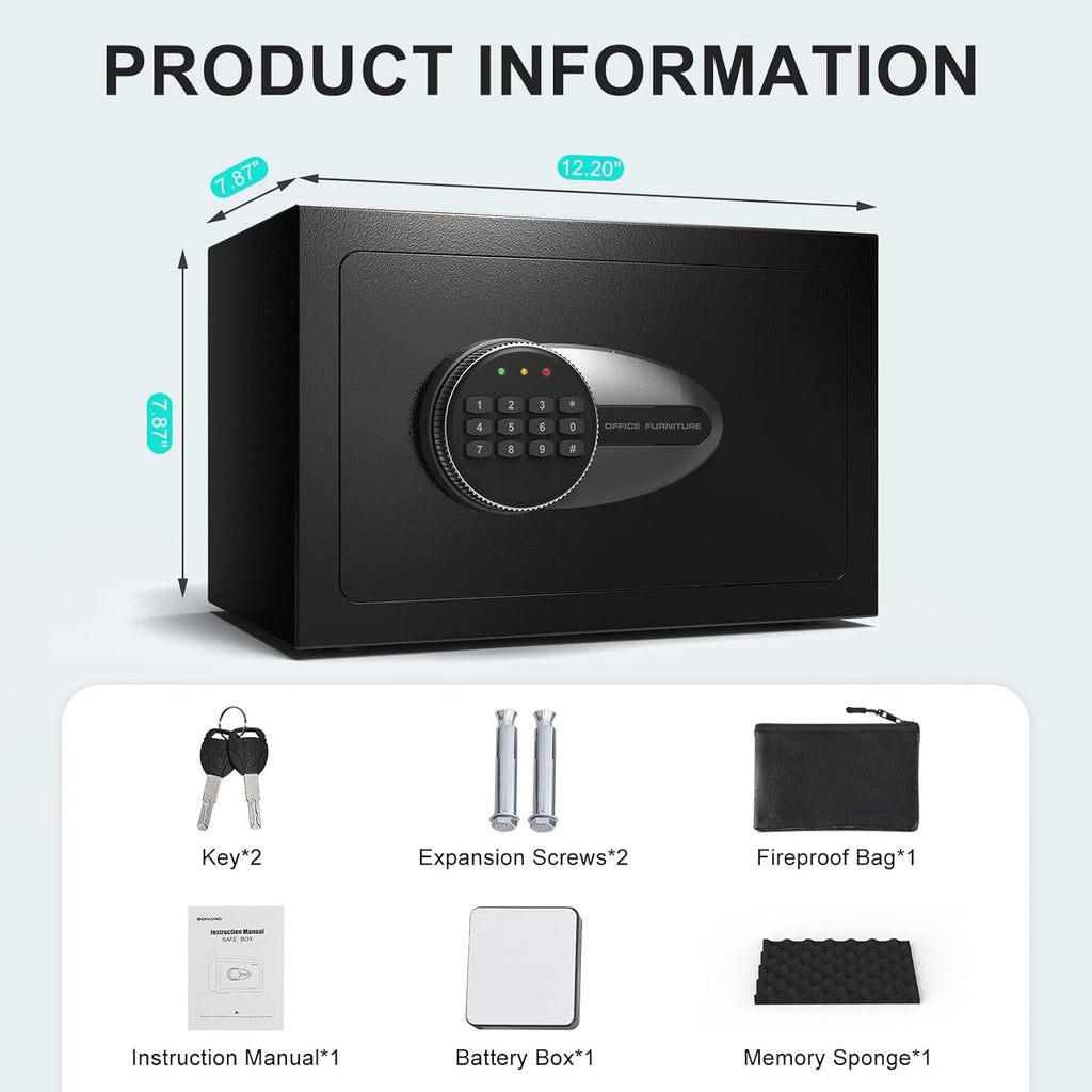 BONANO Small Safe, 0.5 Cubic Safe Box with Electronic Keypad and Fireproof Waterproof Bag, Small Safety Box for Money Cash Valuables, Dual Alarm System, Safes for Home Hotel Office