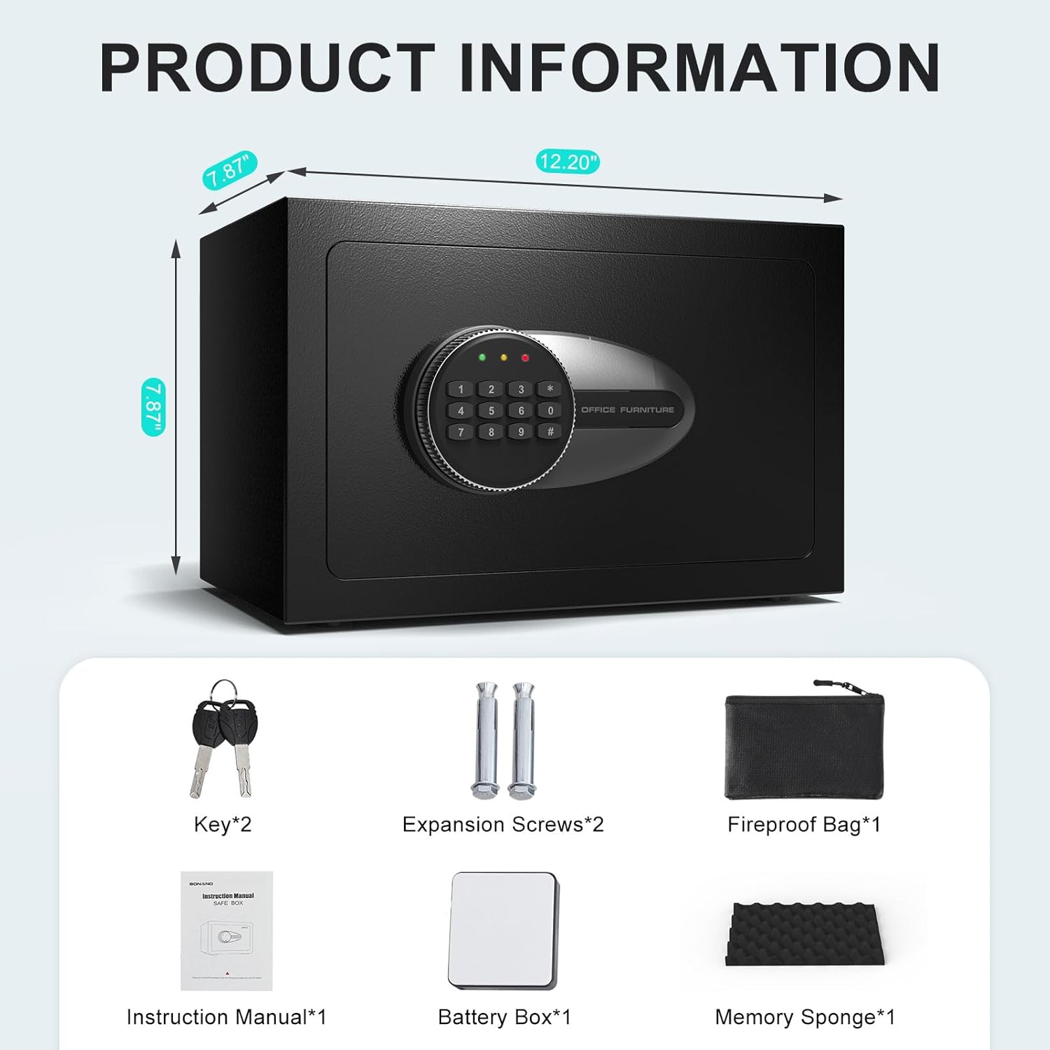 BONANO Small Safe, 0.5 Cubic Safe Box with Electronic Keypad and Fireproof Waterproof Bag, Small Safety Box for Money Cash Valuables, Dual Alarm System, Safes for Home Hotel Office