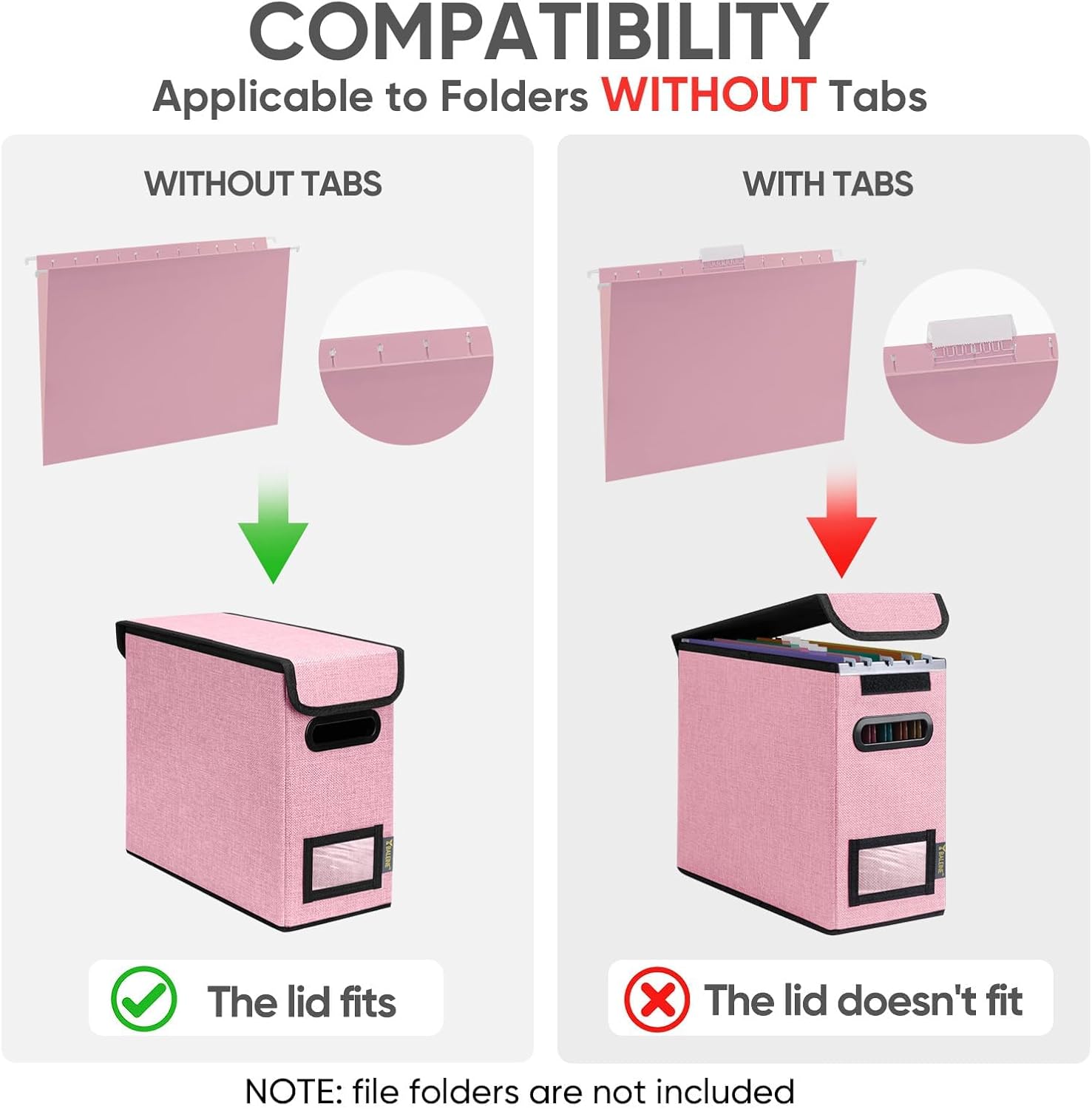 BALEINE File Organizer Box with Lid, Collapsible File Folder Organizer with Plastic Slide, Hanging File Folder Box for Office Document Storage (1 Pack, Pink, S)