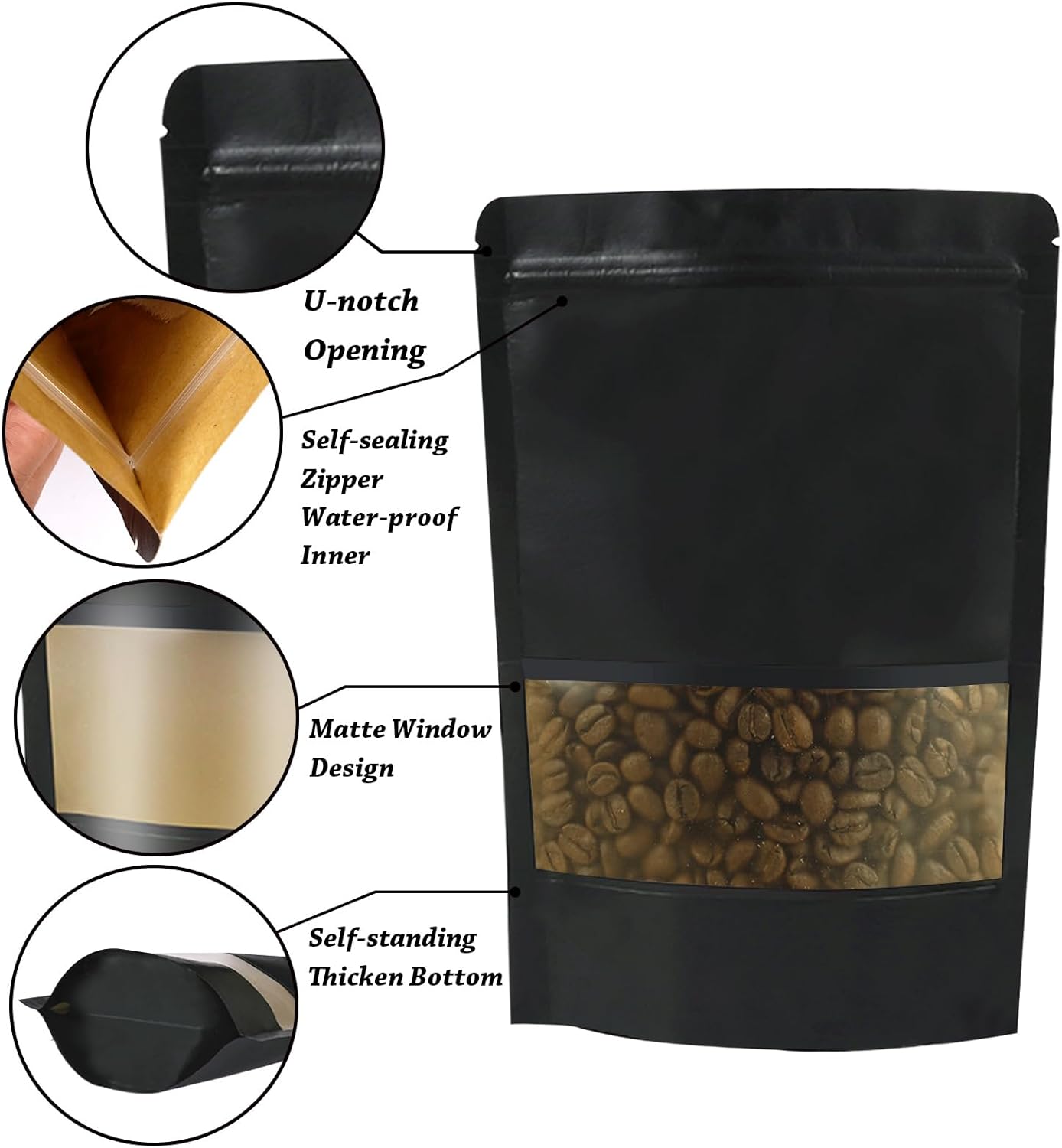 100 PCS Resealable Kraft Paper Bags with Matte Window, Zipper Lock Food Storage Bags - 7.08 * 10.23 Inches, Reusable, Black