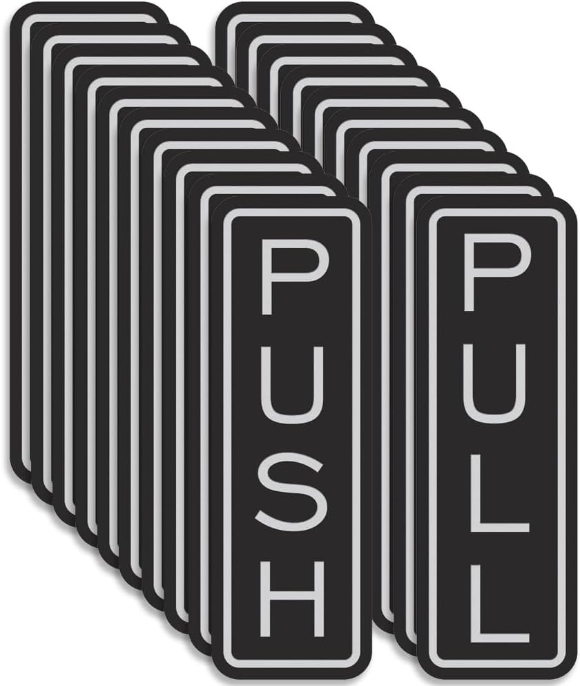 All Quality Classic Vertical Push Pull Door Signs - Great for Glass Doors | Professional Looking Signs | Easy Installation Includes Double-Sided Foam Adhesive Tape (Black/Silver) - Medium (10 Pack)