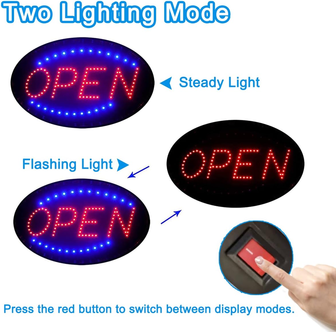 KEBE LED Open Sign, 19"x10" Bright High Visibility Advertisement Board Electric Display Sign Flashing Light for Business Walls Window Shop Bar Hotel, Two Modes
