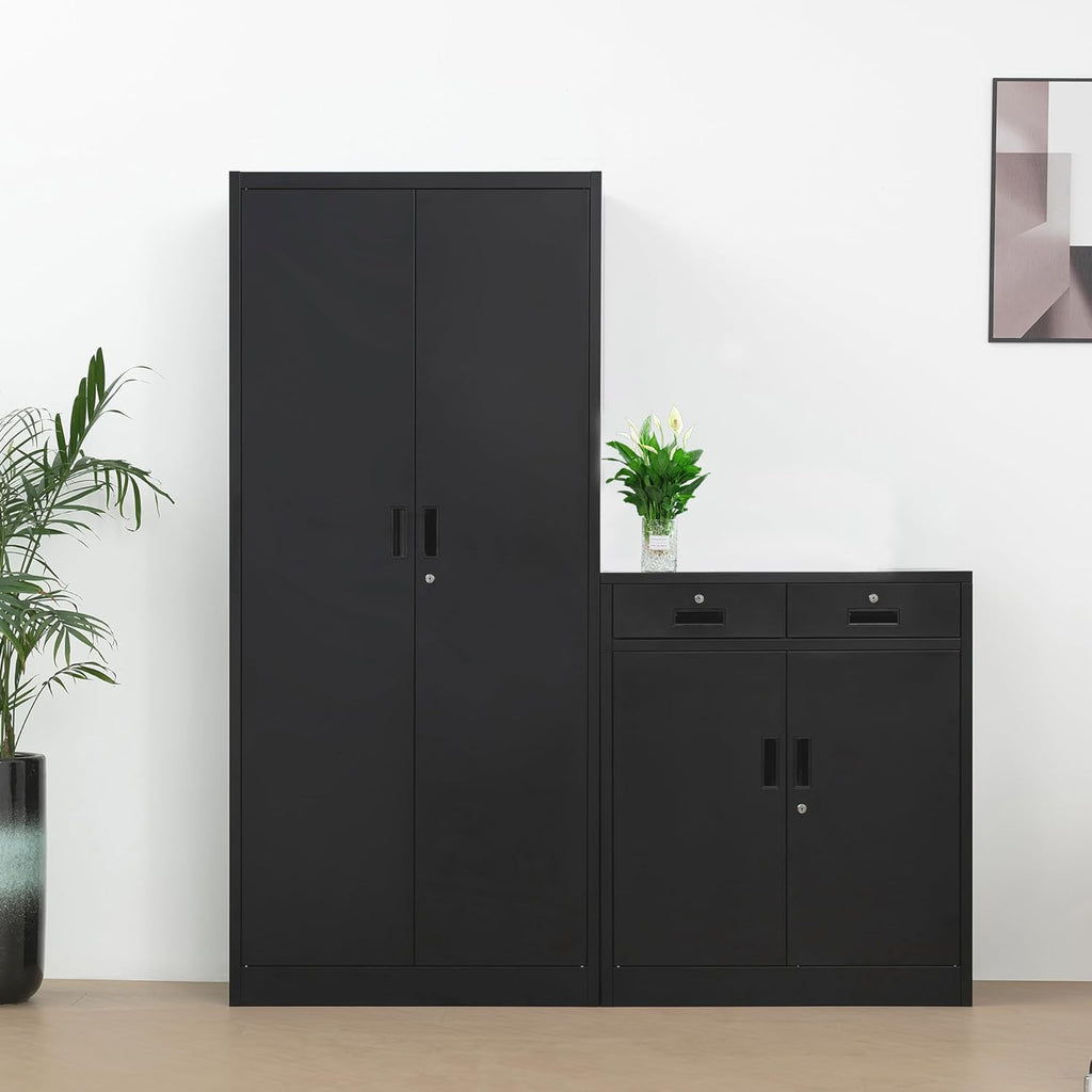 CMY Metal Storage Cabinet, Locking Storage Cabinet with Two Drawers, 36" H Steel Cabinets with Adjustable Shelf for Office, Garage, Home-Black