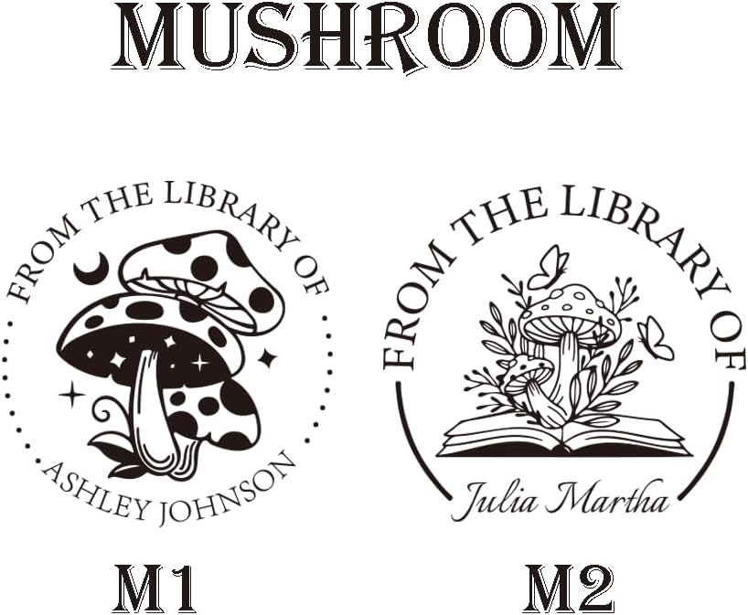 Personalized Book Embosser Stamp with Handle Set, Custom Self-Inking Library Stamp with Name & Design, Elegant Invitation Seal from Library Stamp Kit, Birthday, Book Lover Gifts （Mushroom）