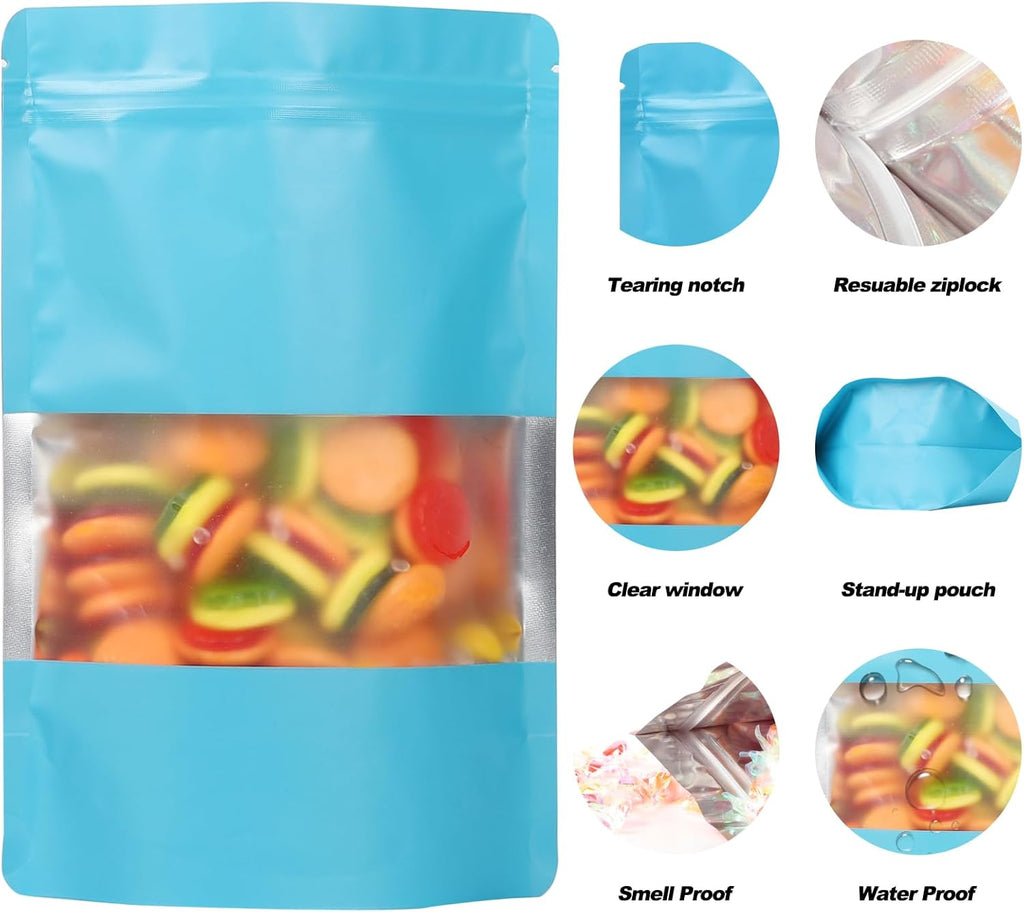 100 Pack Smell Proof Bags, Resealable Mylar Bags with Matte Window, Foil Pouch Stand-up Bags for Food Self Sealing Storage, Scratch Resistant Hand Storage Bags. (Blue, 7×10 Inch)