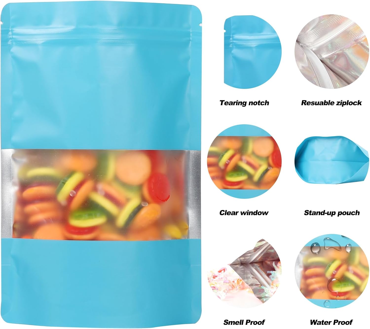 100 Pack Smell Proof Bags, Resealable Mylar Bags with Matte Window, Foil Pouch Stand-up Bags for Food Self Sealing Storage, Scratch Resistant Hand Storage Bags. (Blue, 7×10 Inch)