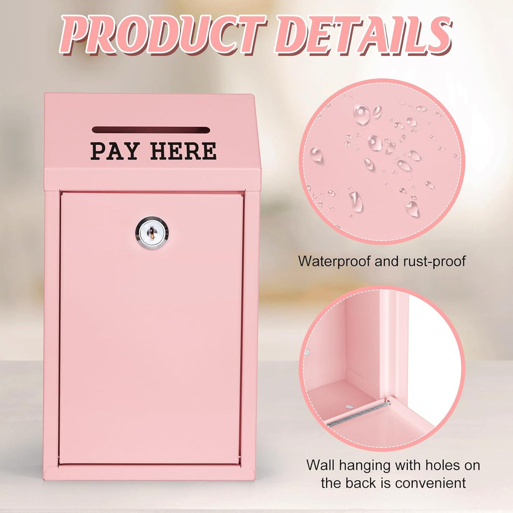 Metal Donation Box Collection Safe Suggestion Box with Lock Wall Mounted Mailbox Delivery Ballot Case Key Drop Case for Home Office Outdoor Door (Pink, 10.24 x 5.71 x 2.95 Inch)