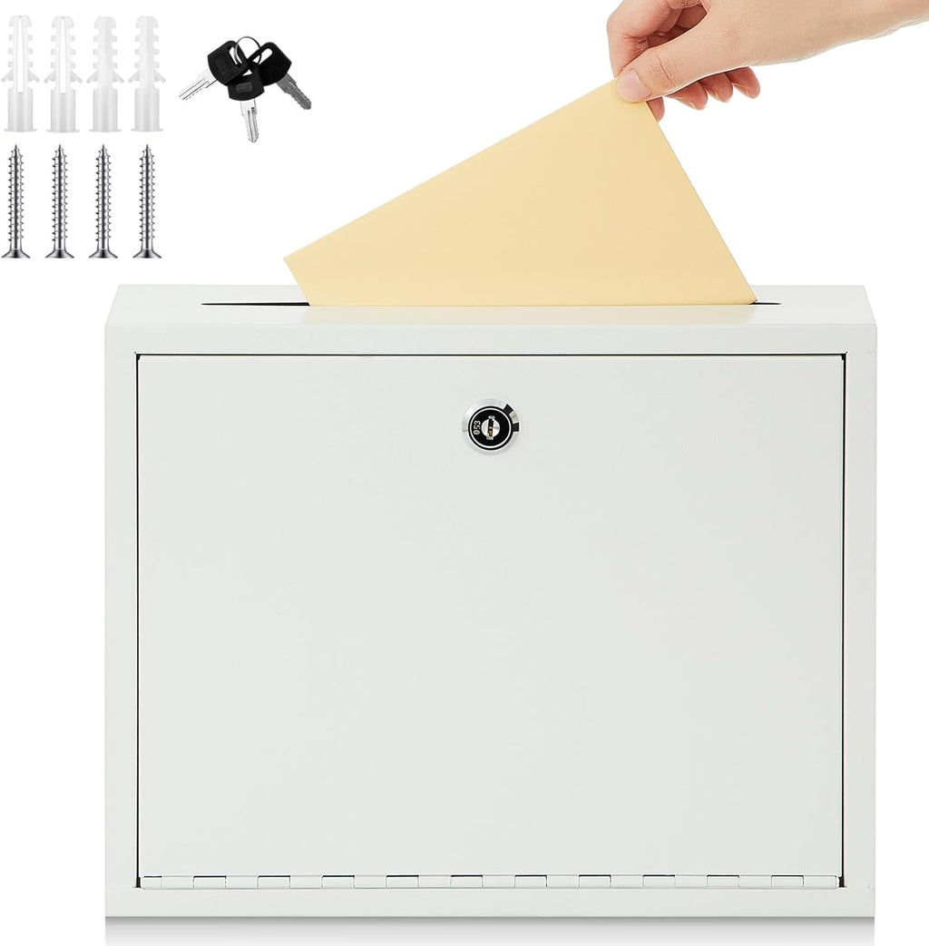 Metal Donation Box Suggestion Box with Slot and Lock-Cash for Money-Waterproof Drop Comment and Ballot Voting for Easy Wall mounting(White,12 x 10 x 3 Inches
