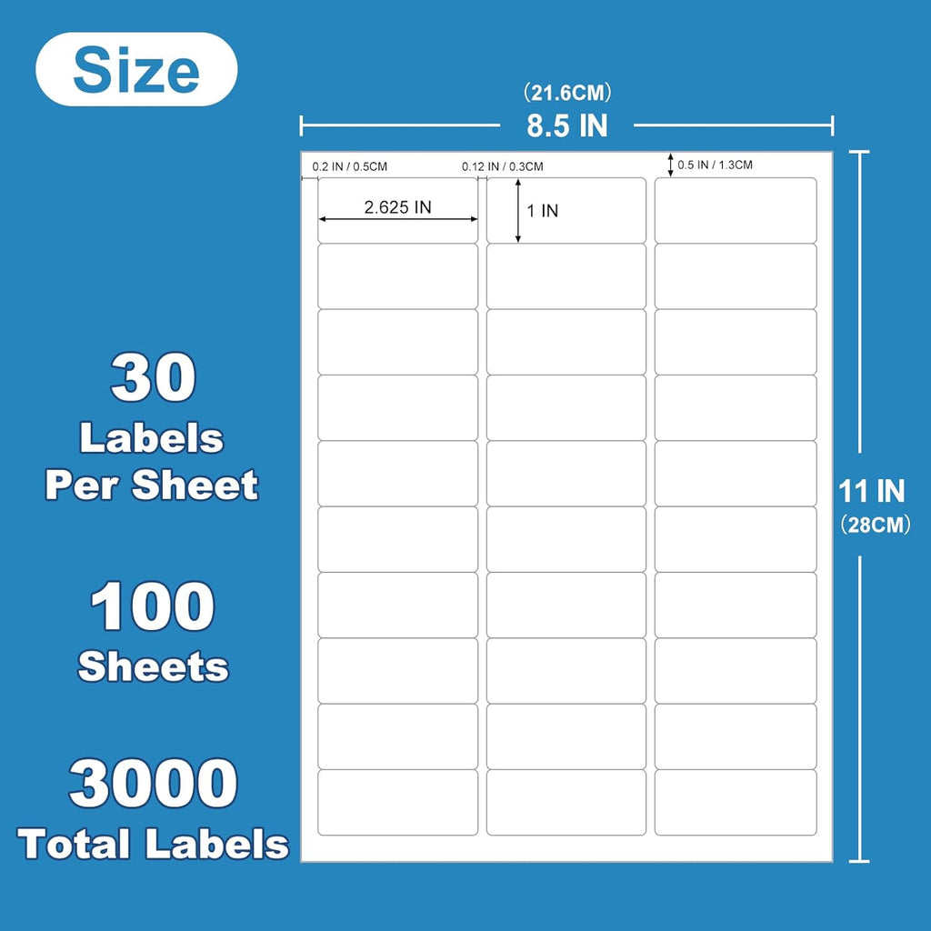1" x 2-5/8" White Blank Address Labels, 3000 Labels (100 Sheets), Laser/Inkjet Compatible