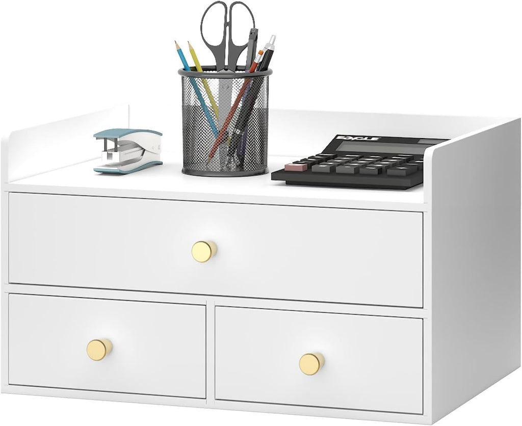 Bamboo Desk Organizer with Drawers Wooden Desktop Storage Organization Box for Bills Office Supplies Kitchen Utensils Organizing Tool for Home Classroom Vanity, No Assembly Required (3 Drawers, White)