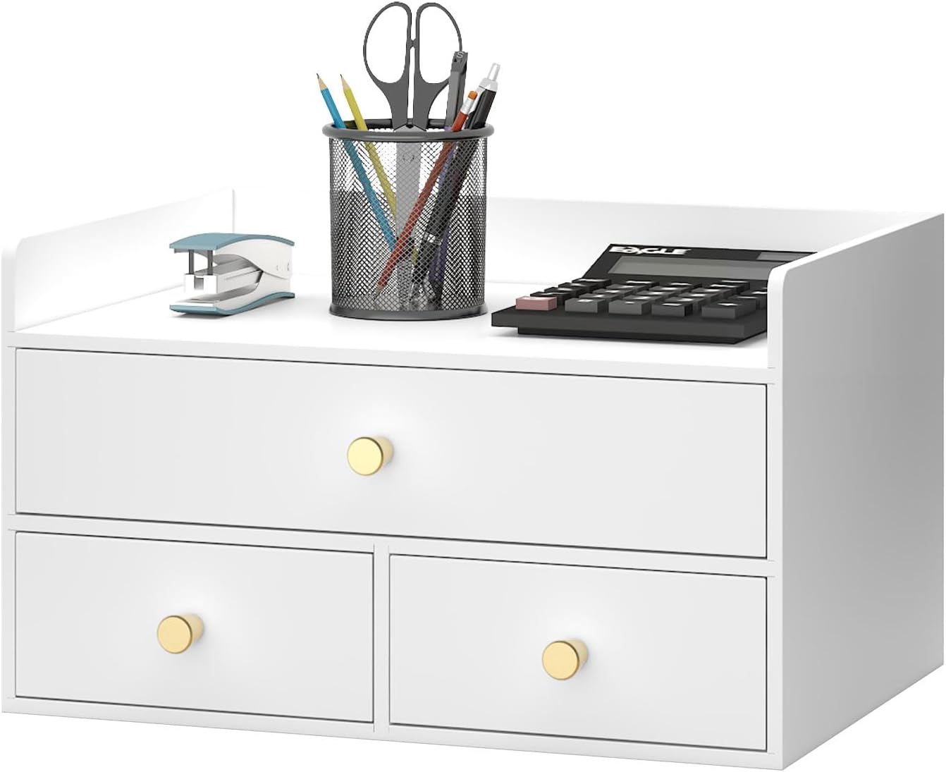 Bamboo Desk Organizer with Drawers Wooden Desktop Storage Organization Box for Bills Office Supplies Kitchen Utensils Organizing Tool for Home Classroom Vanity, No Assembly Required (3 Drawers, White)