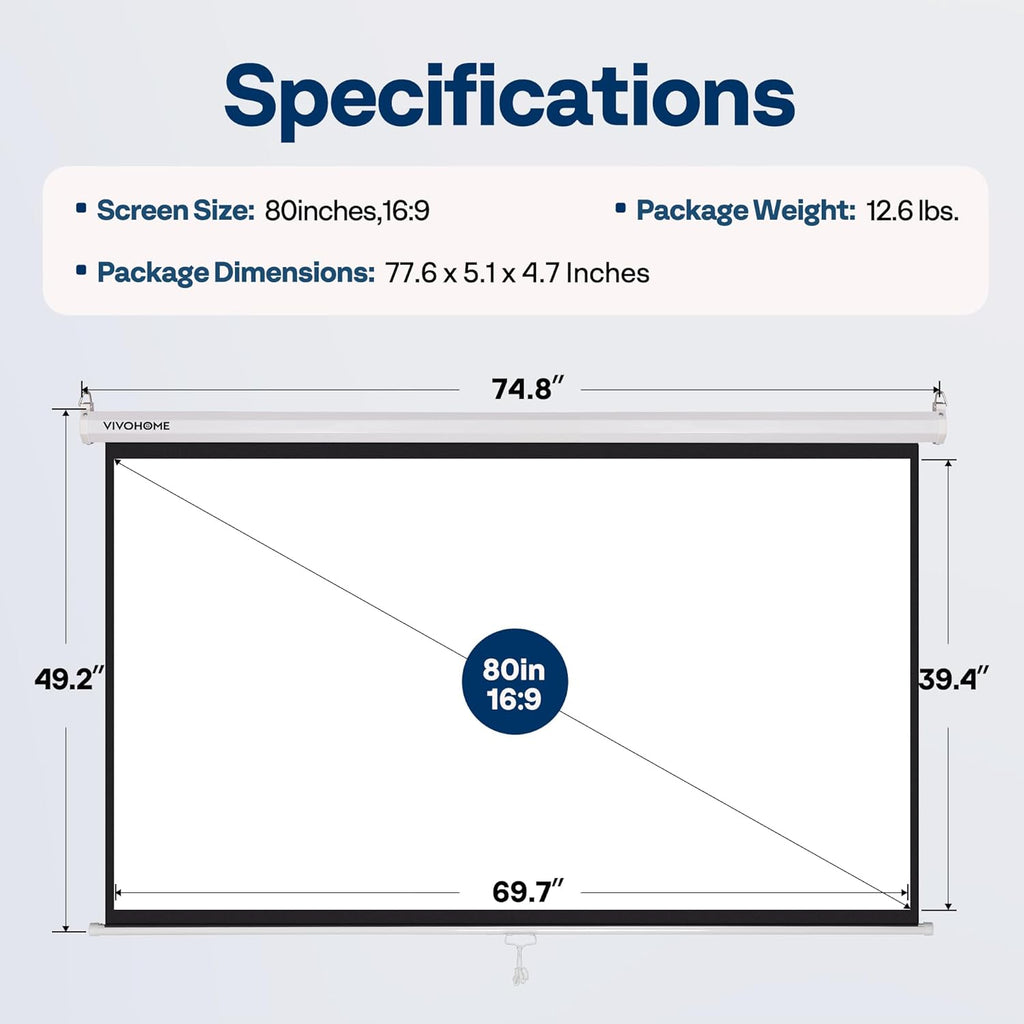 VIVOHOME Projector Screen Pull Down, 16:9 80 Inch Retractable Projection Screen, HD 4K Manual Pull Movie Screen for Home Theater, Cinema, Office (70x40 Inch White)