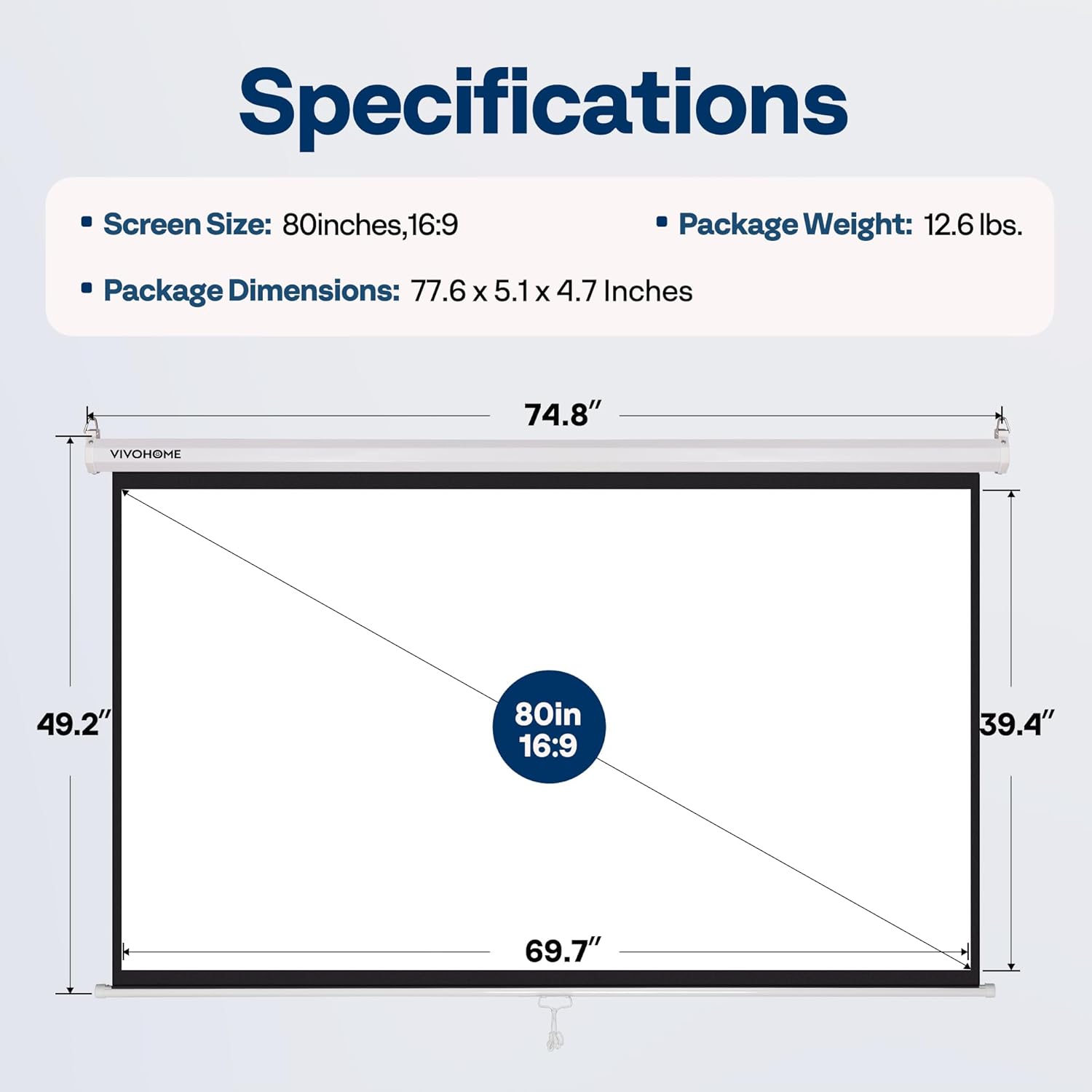 VIVOHOME Projector Screen Pull Down, 16:9 80 Inch Retractable Projection Screen, HD 4K Manual Pull Movie Screen for Home Theater, Cinema, Office (70x40 Inch White)