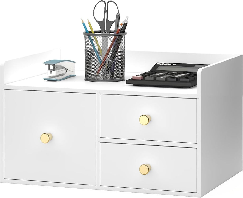 Bamboo Desk Organizer with Drawers Wooden Desktop Storage Organization Box for Bills Office Supplies Kitchen Utensils Organizing Tool for Home Classroom Vanity, No Assembly Required (3 Drawer, White)