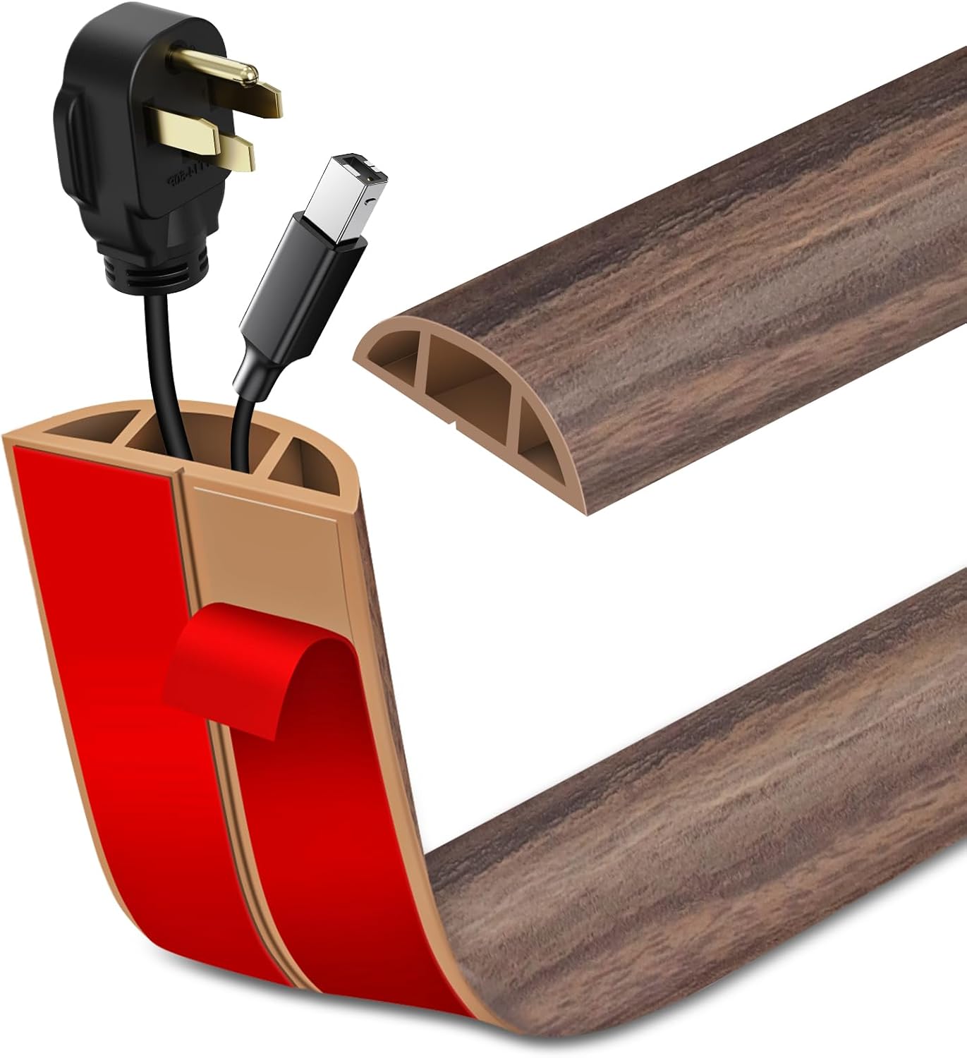 Floor Cord Cover Self Adhesive Cord Hider Floor Extension Cord Covers for Floor Power Cord Protector Cable Management Prevent Cable Trips Cable Cavity 0.51" W x 0.31" H (Smoked Brown Wood, 3.3Ft)