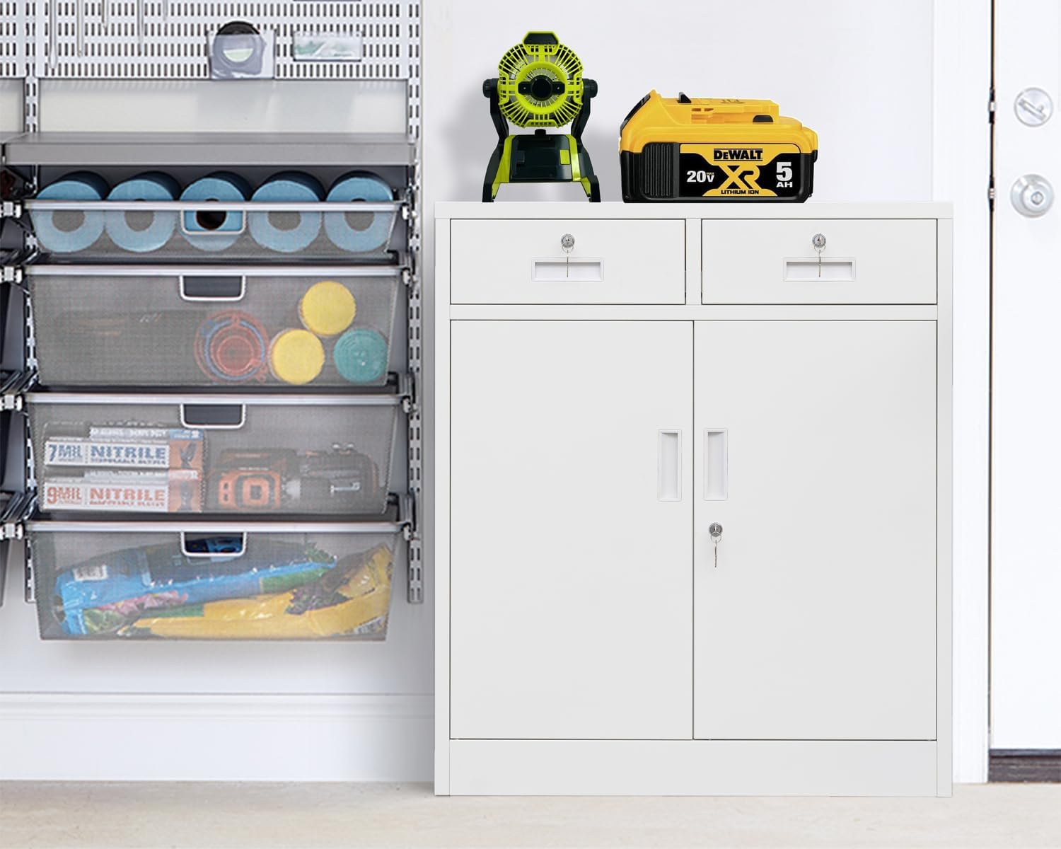 BESFUR Metal Storage Cabinet with 2 Drawers 36" H, Small Lockable Steel Storage Cabinets with 2 Lockable Doors and Adjustable Shelves Easy to Assemble for Home Office Garage Kitchen Pantry White