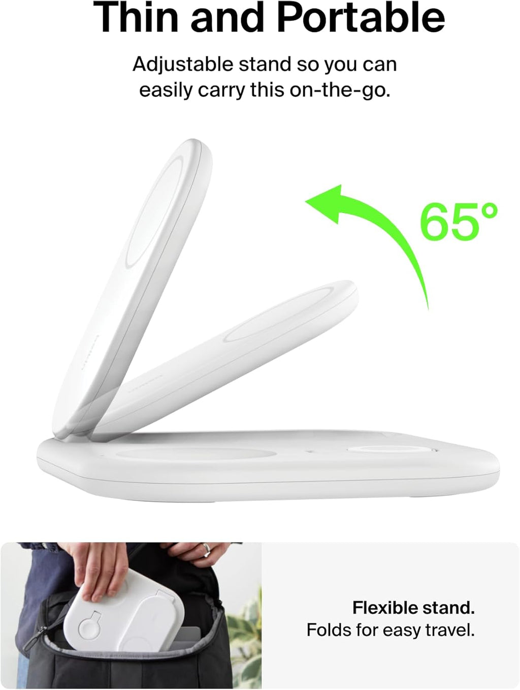 Belkin 3-in-1 MagSafe-Compatible iPhone Charger 15W, Foldable Magnetic Qi2-Certified Wireless Charging Station for iPhone 17, Apple Watch Series 10, AirPods 4, Pixel 10, w/Non-Slip Base & PSU - White