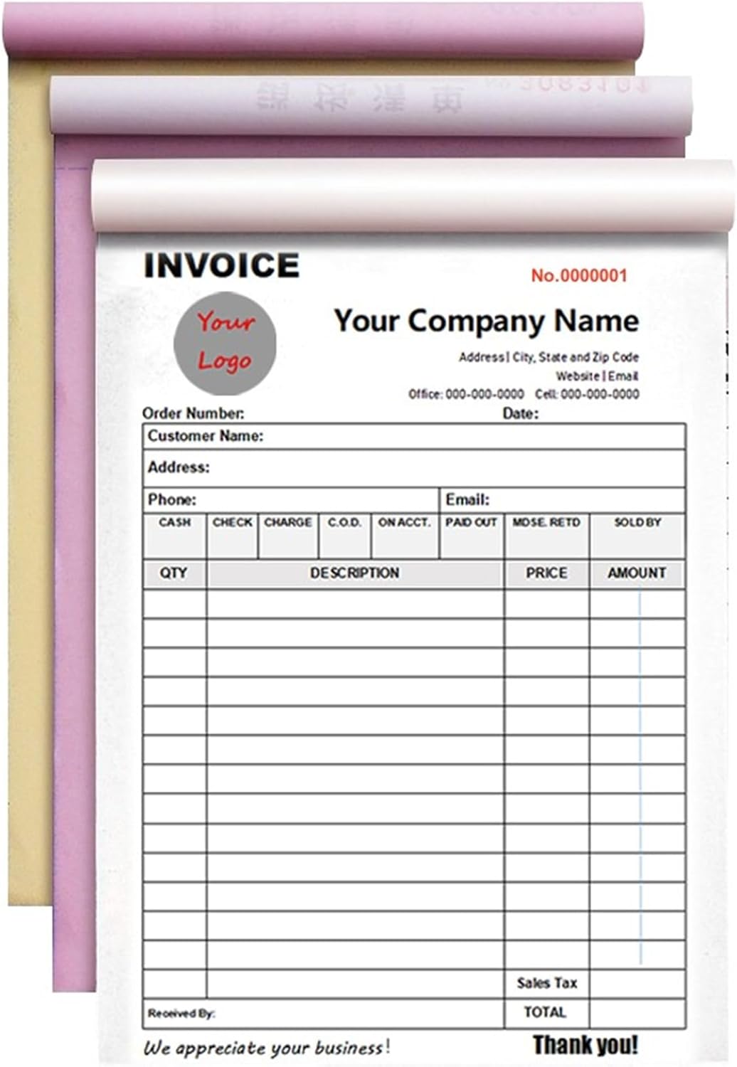 Custom Invoice Book in 3-Part /2-Part Receipt Book with Carbon Copies Personalized Carbonless Service Invoice Form Books Sales Order Book with Company Name Logo Address,A-Invoice Book with Logo
