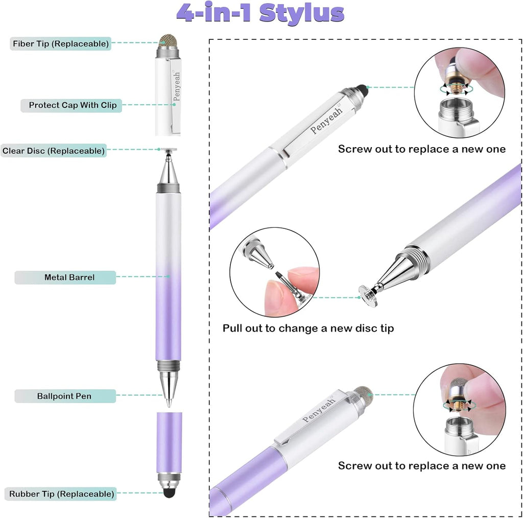 Penyeah Stylus Pen for iPad/iPhone/Android (4 in 1),Universal Touch Screen Disc Tip/Mesh & Rubber Tip Stylist Pen for All Capacitive Phones/Tablets/Laptops-Dream Purple